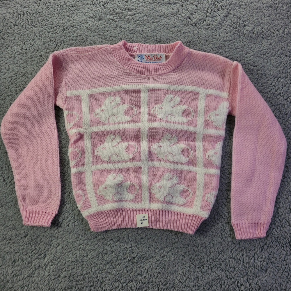 Vintage Blue Bird Pink Bunny Rabbit Knit Sweater Kids 4T Orlon Acrylic USA Made